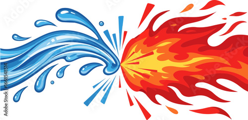 Blue water splash colliding with red fire splash in vector style, symbol of energy and contrast, isolated clean background.