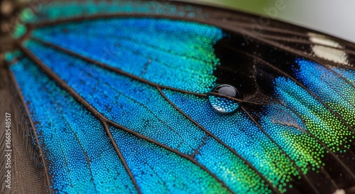 Close-up of a butterfly wing with a water droplet, showcasing iridescent blue and green colors