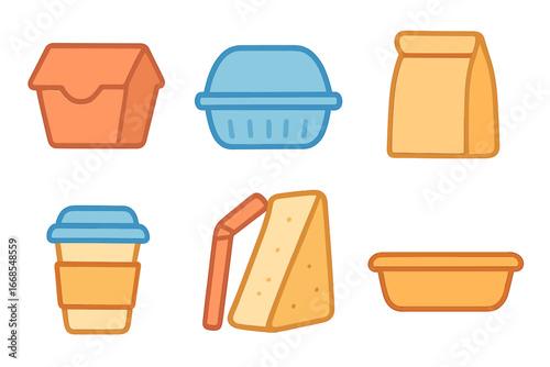 Colorful Food Packaging Icons. Flat vector mini-illustrations disposable food packaging in colors children's illustrations: