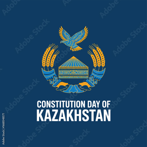 Constitution Day of Kazakhstan National Emblem Design on Blue Background