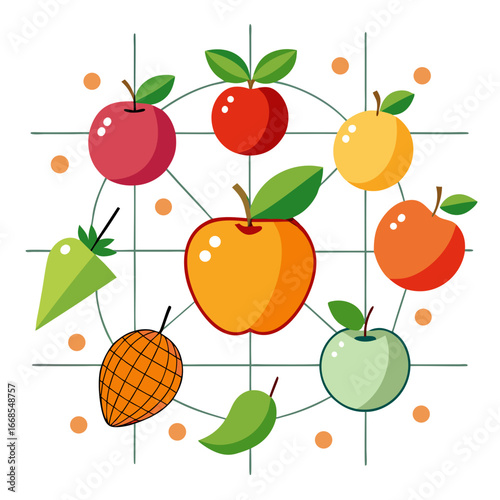 Fresh and vibrant fruit assortment arranged in a modern design, perfect for health, wellness, and culinary projects, ideal for food blogs, recipe cards, and healthy lifestyle content