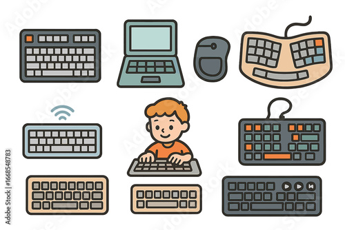 Colorful Keyboard Icons. Flat vector mini-illustrations keyboard types in colors children's illustrations: mechanical keyboard,