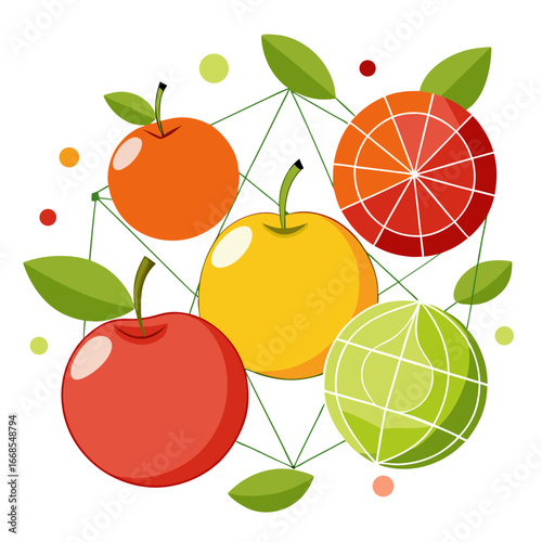 Fresh, vibrant fruit arrangement with apples, oranges, and green leaves, perfect for healthy eating and wellness concepts, ideal for food blogs and lifestyle branding.