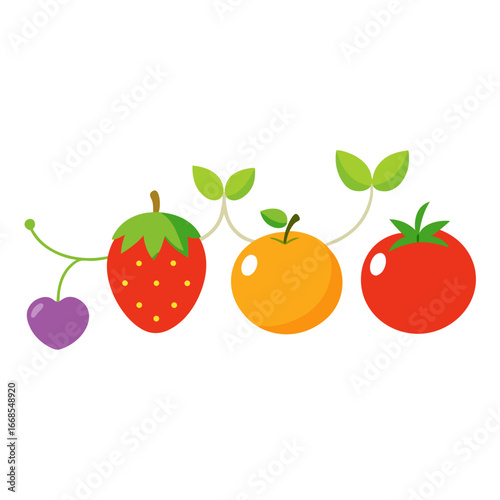 Vibrant cartoon fruits bursting with freshness: Cherry, Strawberry, Orange, and Tomato, perfect for healthy eating, food blogs, and cheerful designs, a delightful illustration!