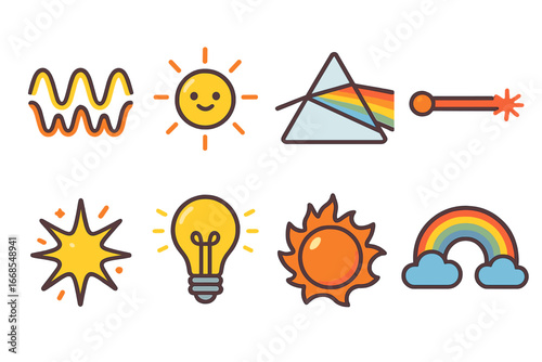 Colorful Light Icons. Flat vector mini-illustrations photons in colors children's illustrations: light wave, photon particle,
