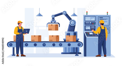 Vector illustration of factory workers operating robotic arm on conveyor belt