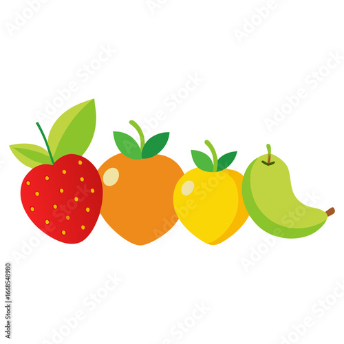 Fresh, vibrant fruit selection featuring a strawberry, orange, lemon, and pear, perfect for healthy eating, food blogs, recipe cards, and promoting organic produce for a delightful lifestyle.