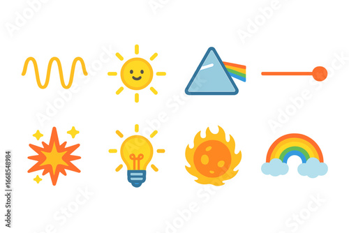 Colorful Light Icons. Flat vector mini-illustrations photons in colors children's illustrations: light wave, photon particle,