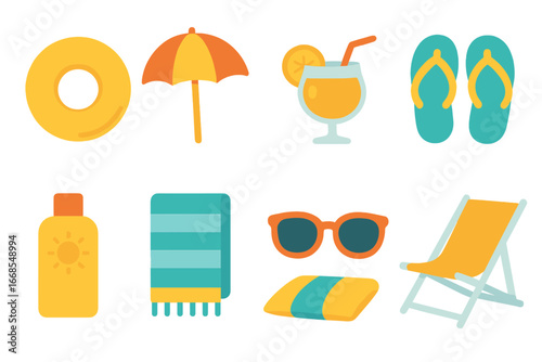 Colorful Lounging Icons. Flat vector mini-illustrations lounging in colors children's illustrations: armchair, bean bag, hammock,