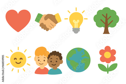 Colorful Moral Icons. Flat vector mini-illustrations moral stories in colors children's illustrations: heart, handshake, light