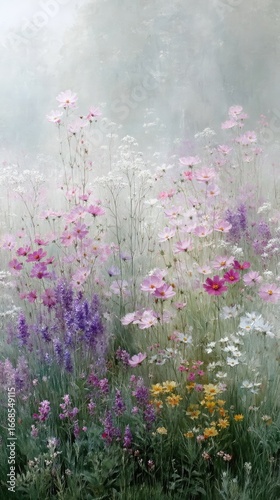 Pastel Pink Purple White Cosmos Wildflowers Blooming in Misty Field