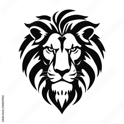 Lion head illustration, wild animal face, majestic predator portrait, black white vector, king jungle artwork	