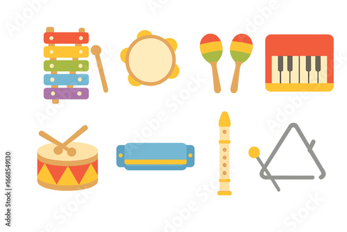 Colorful Musical Toys. Flat vector mini-illustrations musical toys in colors children's illustrations: xylophone, tambourine,