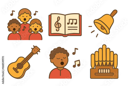 Colorful Musical Icons. Flat vector mini-illustrations religious music in colors children's illustrations: choir, hymn book, drum,