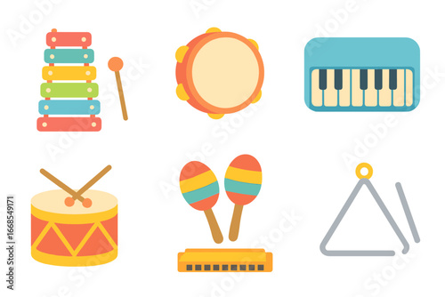 Colorful Musical Toys. Flat vector mini-illustrations musical toys in colors children's illustrations: xylophone, tambourine,