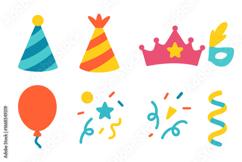 Colorful Party Accessories. Flat vector mini-illustrations boots cleaning in colors children's illustrations: brush, water bucket,