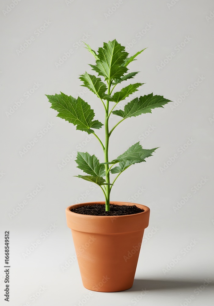 Obraz premium Young Plant in Terracotta Pot on Neutral Background