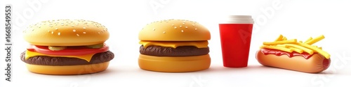 3D Illustration of Tasty Fast Food: Burger, Hotdog, Fries, and Coffee Cup on White Background