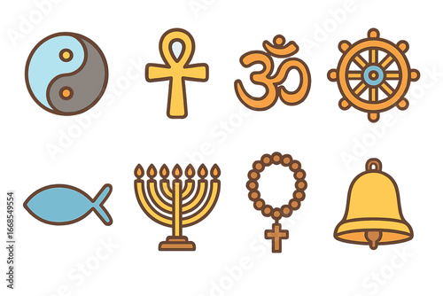 Colorful Religious Symbols. Flat vector mini-illustrations religious symbols in colors children's illustrations: yin yang, ankh,