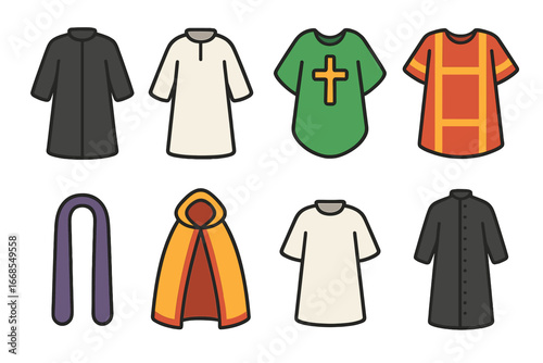 Colorful Religious Garments. Flat vector mini-illustrations Religious garments in colors children's illustrations: priest’s gown,