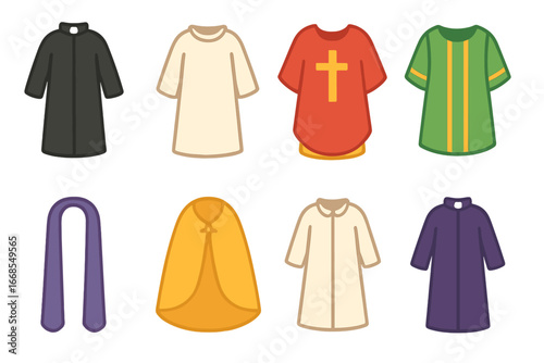 Colorful Religious Garments. Flat vector mini-illustrations Religious garments in colors children's illustrations: priest’s gown,