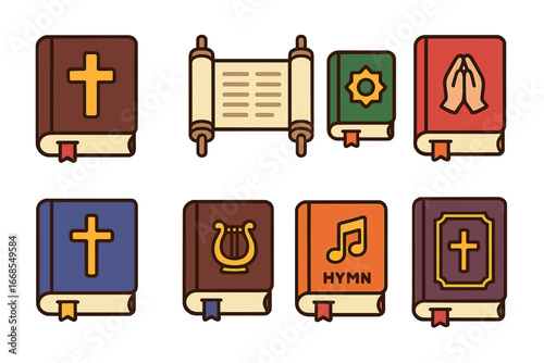 Colorful Religious Texts Icons. Flat vector mini-illustrations Religious texts in colors children's illustrations: Bible, Torah