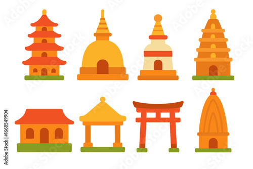 Colorful Temple Icons. Flat vector mini-illustrations temple architecture styles in colors children's illustrations: pagoda, stupa