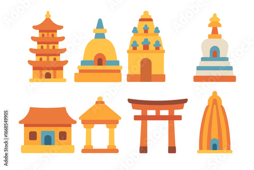 Colorful Temple Icons. Flat vector mini-illustrations temple architecture styles in colors children's illustrations: pagoda, stupa