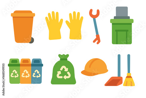 Colorful Trash Management Tools. Flat vector mini-illustrations trash management tools in colors children's illustrations: trash