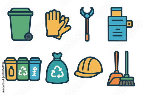 Colorful Trash Management Tools. Flat vector mini-illustrations trash management tools in colors children's illustrations: trash