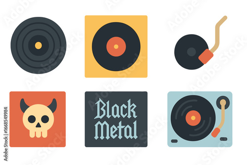 Colorful Vinyl Icons. Flat vector mini-illustrations black metal vinyl records in colors children's illustrations: vinyl disc,
