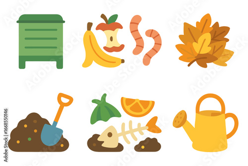 Compost Icon Grid. Flat vector mini-illustrations composting in colors children's illustrations: compost bin, kitchen scraps,