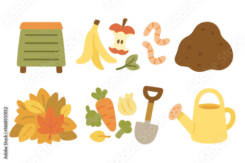 Compost Icon Grid. Flat vector mini-illustrations composting in colors children's illustrations: compost bin, kitchen scraps,