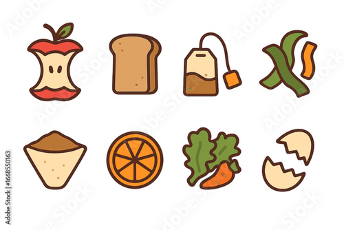 Compostable Food Icons. Flat vector mini-illustrations compostable food waste in colors children's illustrations: apple core,