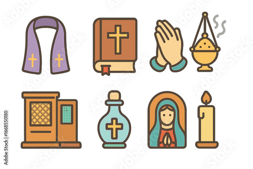 Confession Icons Grid. Flat vector mini-illustrations confession objects in colors children's illustrations: stole, Bible, prayer