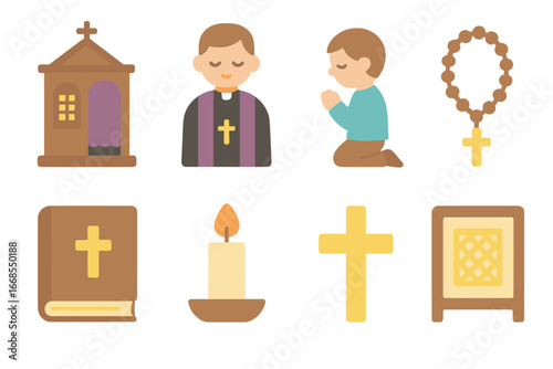Confession Sacrament Icons. Flat vector mini-illustrations confession sacrament in colors children's illustrations: confessional