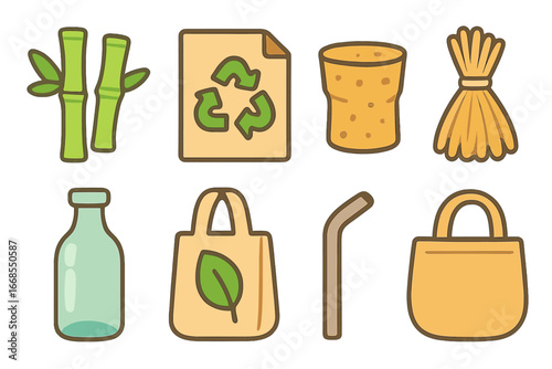 Eco-Friendly Materials Icons. Flat vector mini-illustrations alternative materials in colors children's illustrations: bamboo