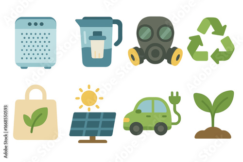 Eco-Friendly Tools Icons. Flat vector mini-illustrations pollution prevention tools in colors children's illustrations: air