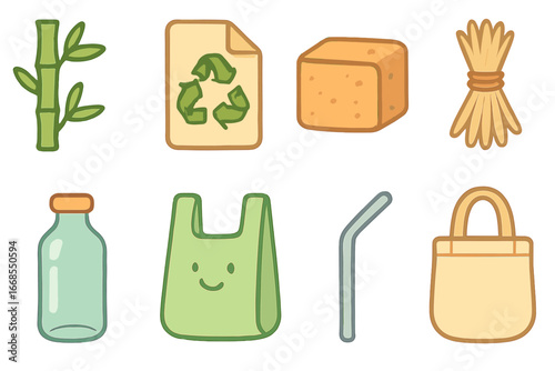 Eco-Friendly Materials Icons. Flat vector mini-illustrations alternative materials in colors children's illustrations: bamboo