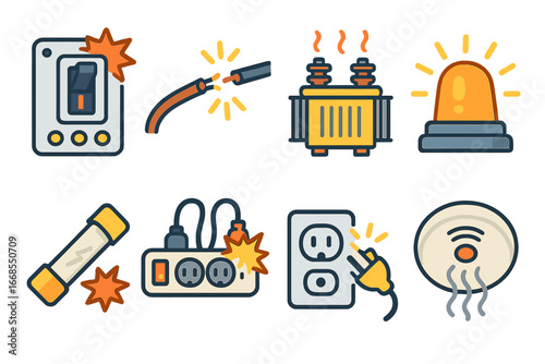 Electrical Safety Icons. Flat vector mini-illustrations electrical overload in colors children's illustrations: tripped circuit