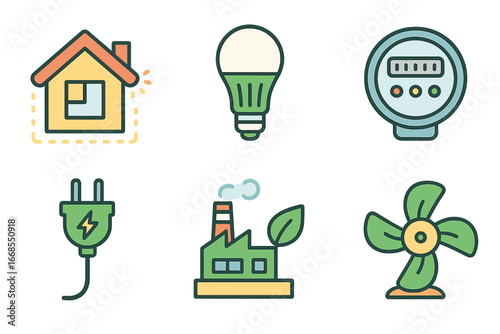 Energy Efficiency Icons. Flat vector mini-illustrations energy efficiency in colors children's illustrations: insulated house, LED