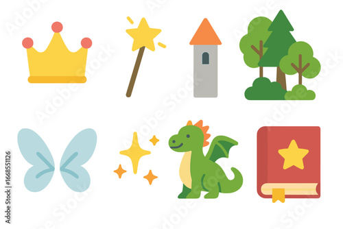 Fairy Tale Icons. Flat vector mini-illustrations fairy tales in colors children's illustrations: princess crown, magic wand,