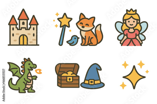 Fairy Tale Icons. Flat vector mini-illustrations fairy tales in colors children's illustrations: enchanted castle, magic wand,