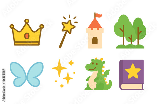 Fairy Tale Icons. Flat vector mini-illustrations fairy tales in colors children's illustrations: princess crown, magic wand,