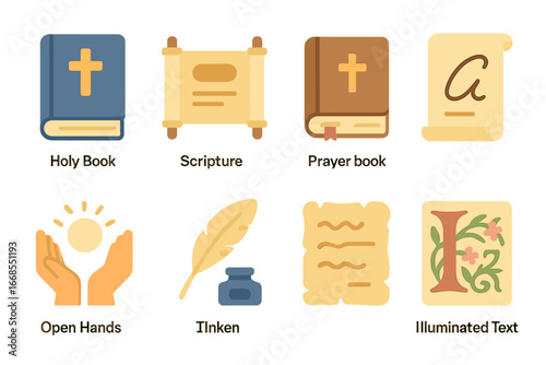 Faith Icons for Kids. Flat vector mini-illustrations faith texts in colors children's illustrations: holy book, scripture scroll,