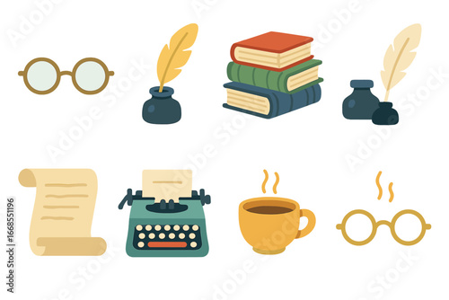 Famous Authors Icons. Flat vector mini-illustrations famous authors in colors children's illustrations: reading glasses, feather