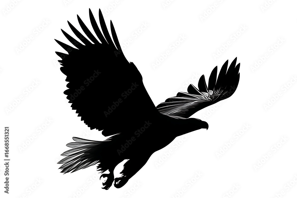 Obraz premium Majestic silhouette of an eagle soaring gracefully against a stark white background