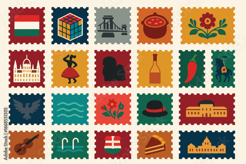 Hungary Cultural Icons and Heritage Stamp Vector Set