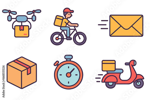 Fast Delivery Icons. Flat vector mini-illustrations Fast delivery in colors children's illustrations: delivery drone, courier bike