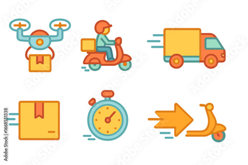 Fast Delivery Icons. Flat vector mini-illustrations Fast delivery in colors children's illustrations: delivery drone, courier bike